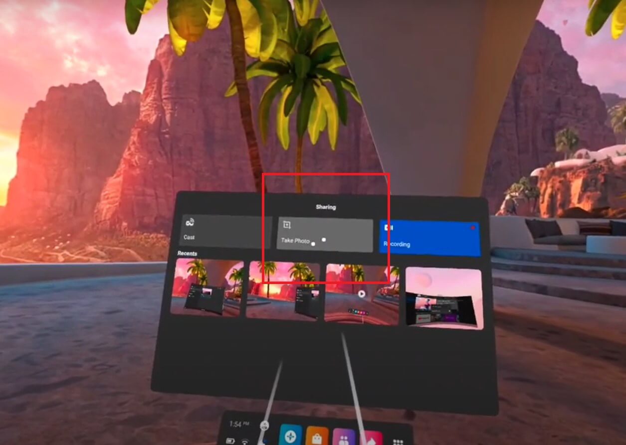 Chụp ảnh màn hình trên thanh menu hệ thống của oculus quest 2, chọn Take Photo